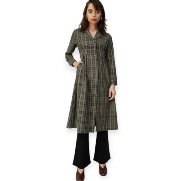 Moussy Waist Tuck Green Plaid Midi Shirt Dress Pleated with Pockets 1 or Small - Picture 17 of 17